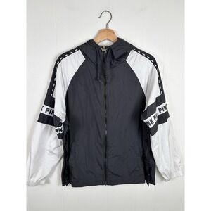 PINK Victoria's Secret XS Black Zip‎ Snap Side Track Hooded Jacket Windbreaker